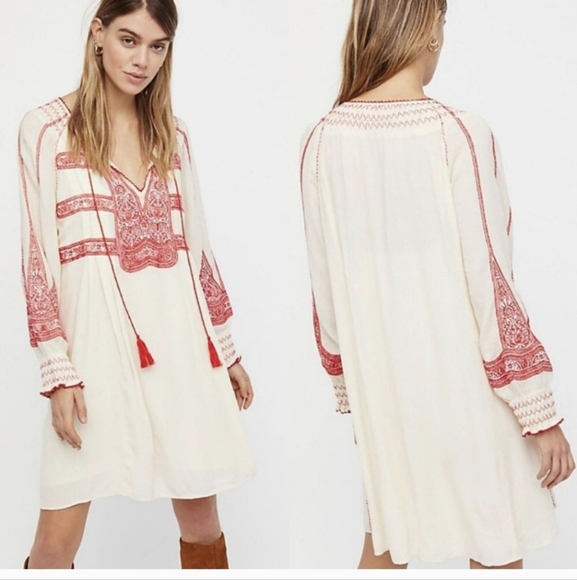 Free People Dresses & Skirts - Free People Wind Willow Gauzey Split Neckline Embroidered Tunic Mini Dress(S)